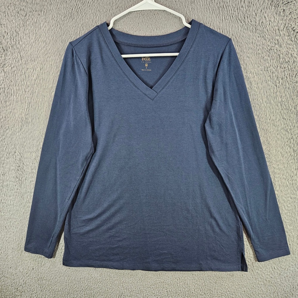Belle by Kim Gravel Womens Navy Blue V-Neck Long Sleeve Top Egyptian Cotton S
